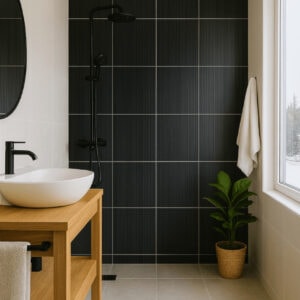 Vegg- og gulvflis Tono Svart 40x40 cm matt – moderne svarte porselensfliser for bad og dusj, stilrent uttrykk i nordisk design