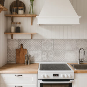 Patchwork Retro 20×20 cm – dekorative kjøkkenfliser i grå retro design, veggflis over benk, kjøp hos Fliskupp.no i Norge