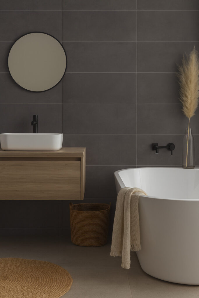 Doblo Graphite 29,8×59,8 cm – mørke grå porselensfliser til bad, elegante rektifiserte badfliser, kjøp hos Fliskupp.no i Etne, Norge