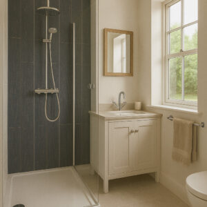 Herrera Nero fliser 14,8×90 cm – mørke rektangulære porselensfliser i elegant tre-look, perfekte til dusj og baderom, kjøp hos Fliskupp.no, levering i Vestlandet