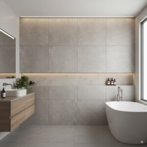 Fliser Qubus Grey 75×75 cm – store grå porselensfliser i storformat, moderne gulv- og veggfliser til bad, kjøp hos Fliskupp.no i Etne, Norge