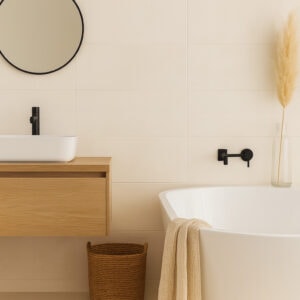 Fliser Sabro Bianco 30×30 cm – lyse rektifiserte veggfliser til bad, moderne baderomsfliser, kjøp hos Fliskupp.no i Norge