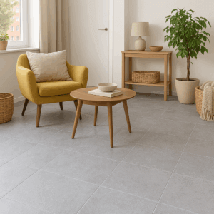 Boden- og veggflis Sextans Gry 40x40 cm – lys grå naturstein-look porselensflis, slitesterk og enkel å vedlikeholde for stue, kjøkken eller gang – Fliskupp.no